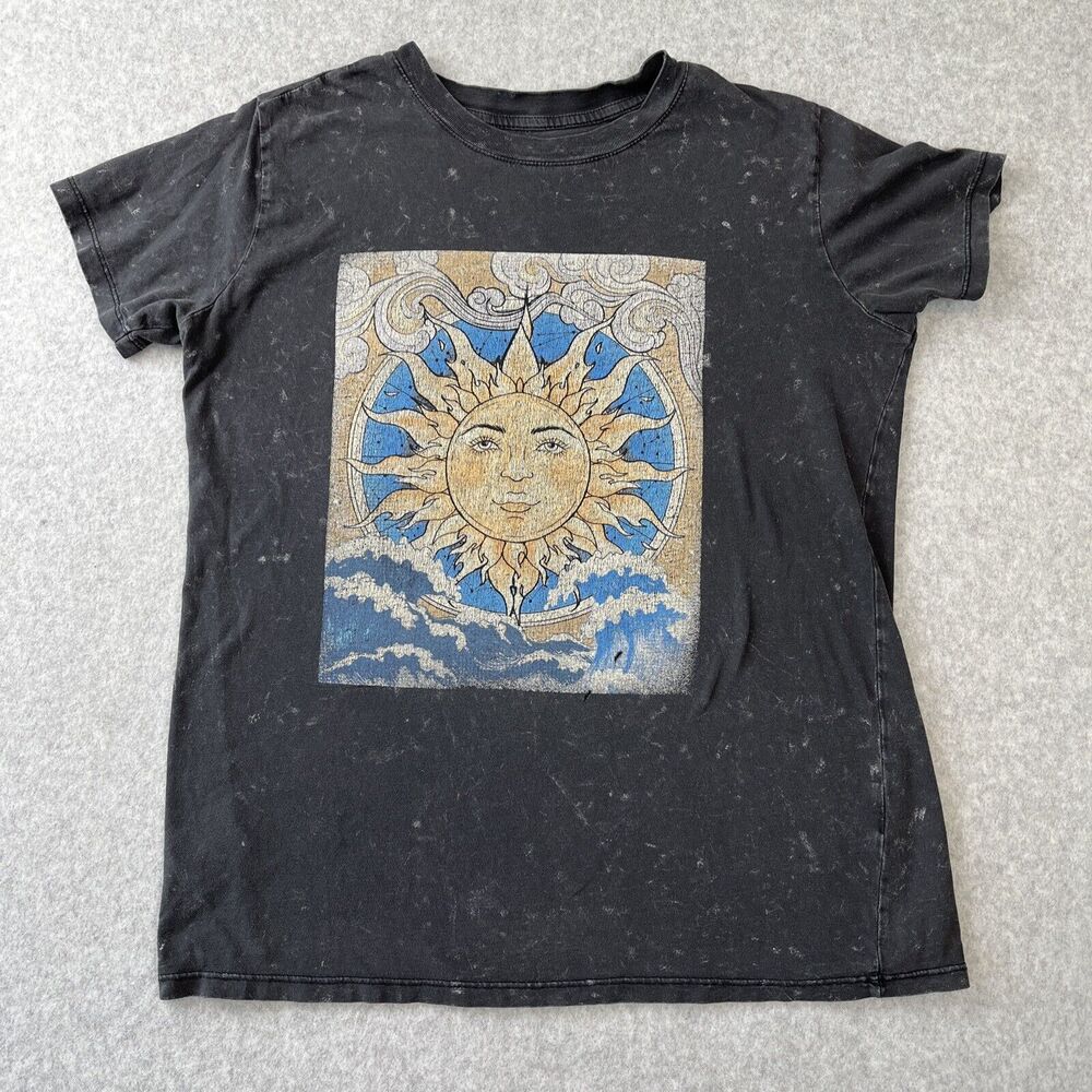Vintage Y2K Mystic Sun Shirt Gypsy Waves Retro Clouds‎ Black Grey Medium Read!